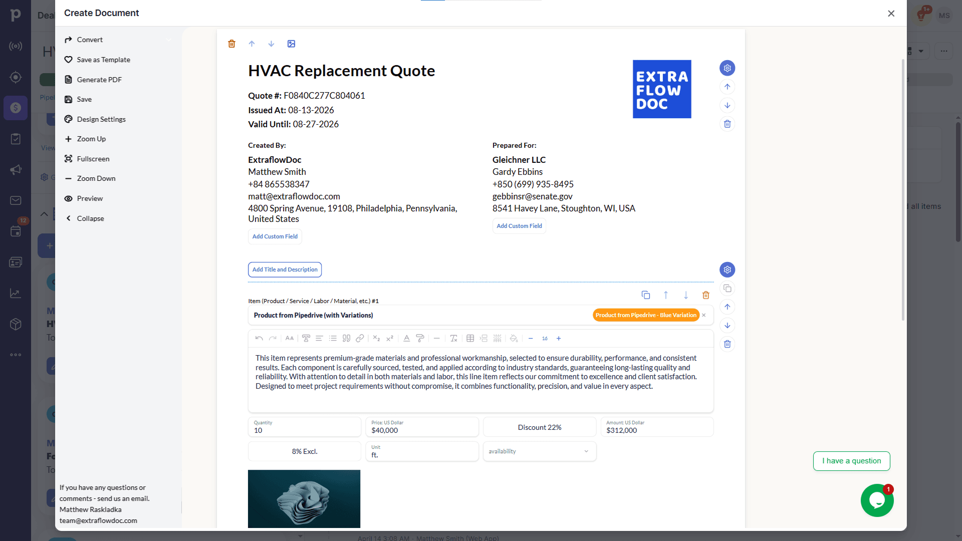 A quote open in the ExtraflowDoc editor, with line-item pricing and block controls