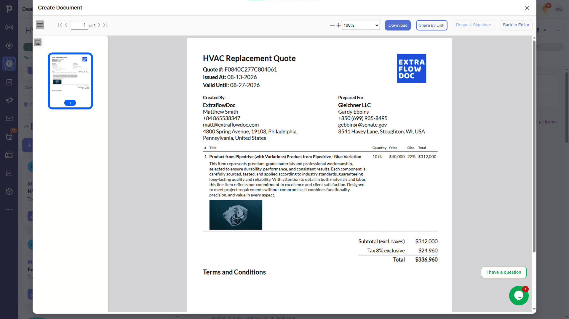 The same quote rendered as a finished, downloadable PDF in ExtraflowDoc's preview panel